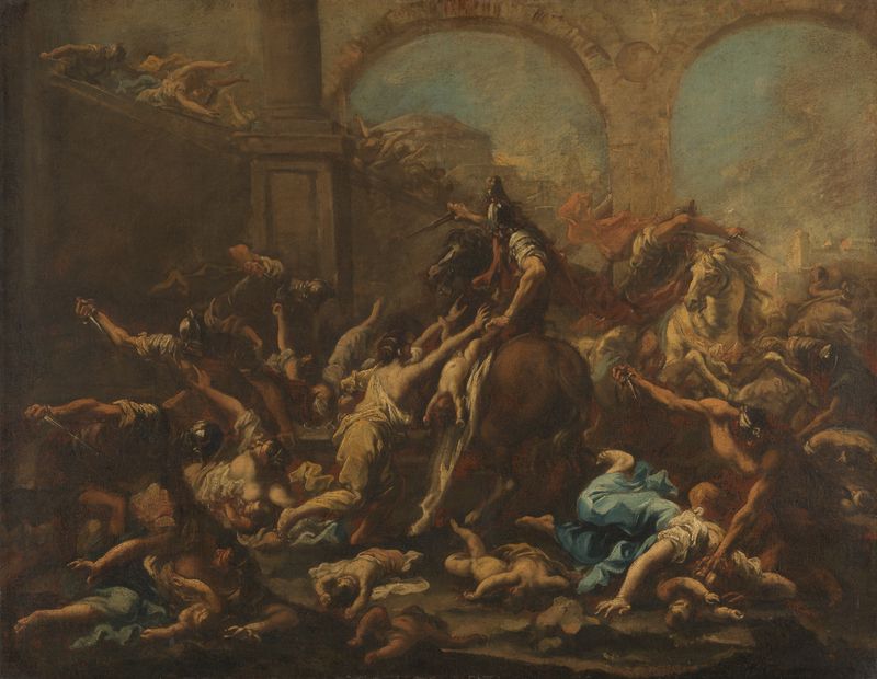 Pintura histórica a óleo de Alessandro Magnasco mostrando caos e desespero na Massacre dos Inocentes