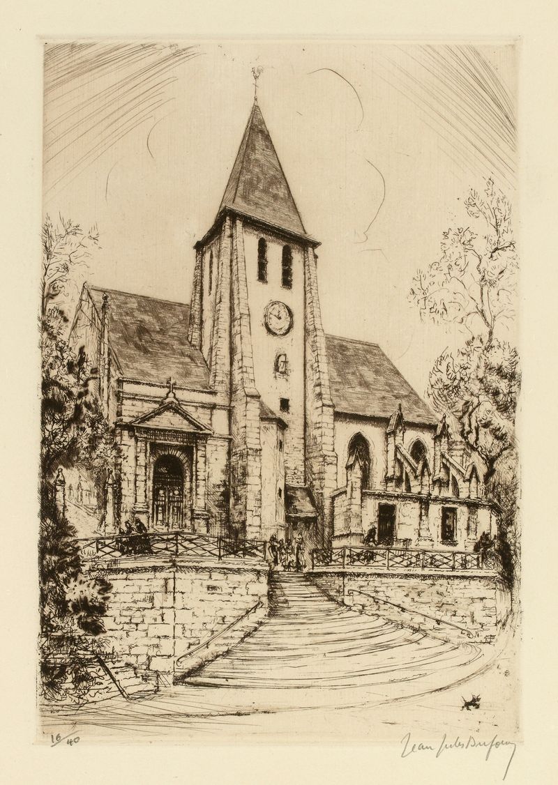 Eglise St Germain de Charonne by Jean-Jules Dufour, oil painting depicting elegant church interior.