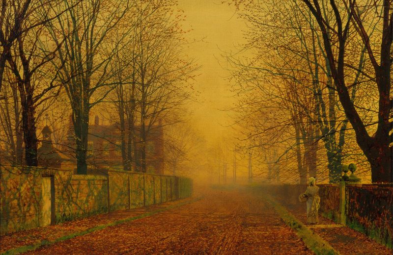 Evening Glow by John Atkinson Grimshaw, oil painting of a figure beneath a tree at twilight