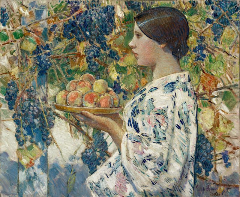 Retrato de uma menina serena em óleo sobre tela de Childe Hassam