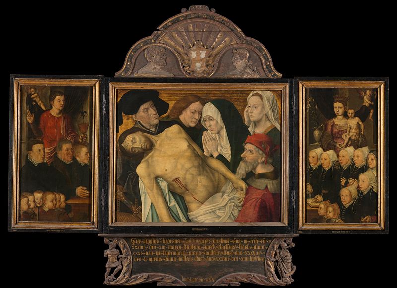 Memorial Triptych, oil on panel by Hugo van der Goes, depicting mourning figures and saints.