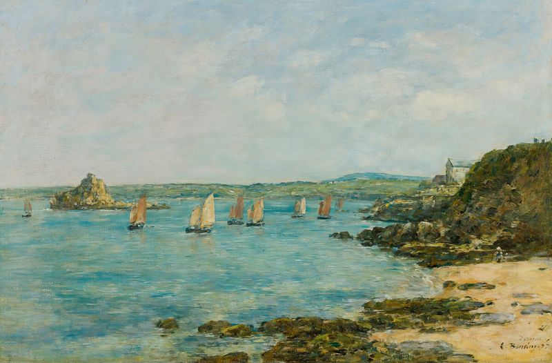Pintura al óleo de Eugène Boudin que muestra barcos de pesca en una bahía con reflejos en el agua.