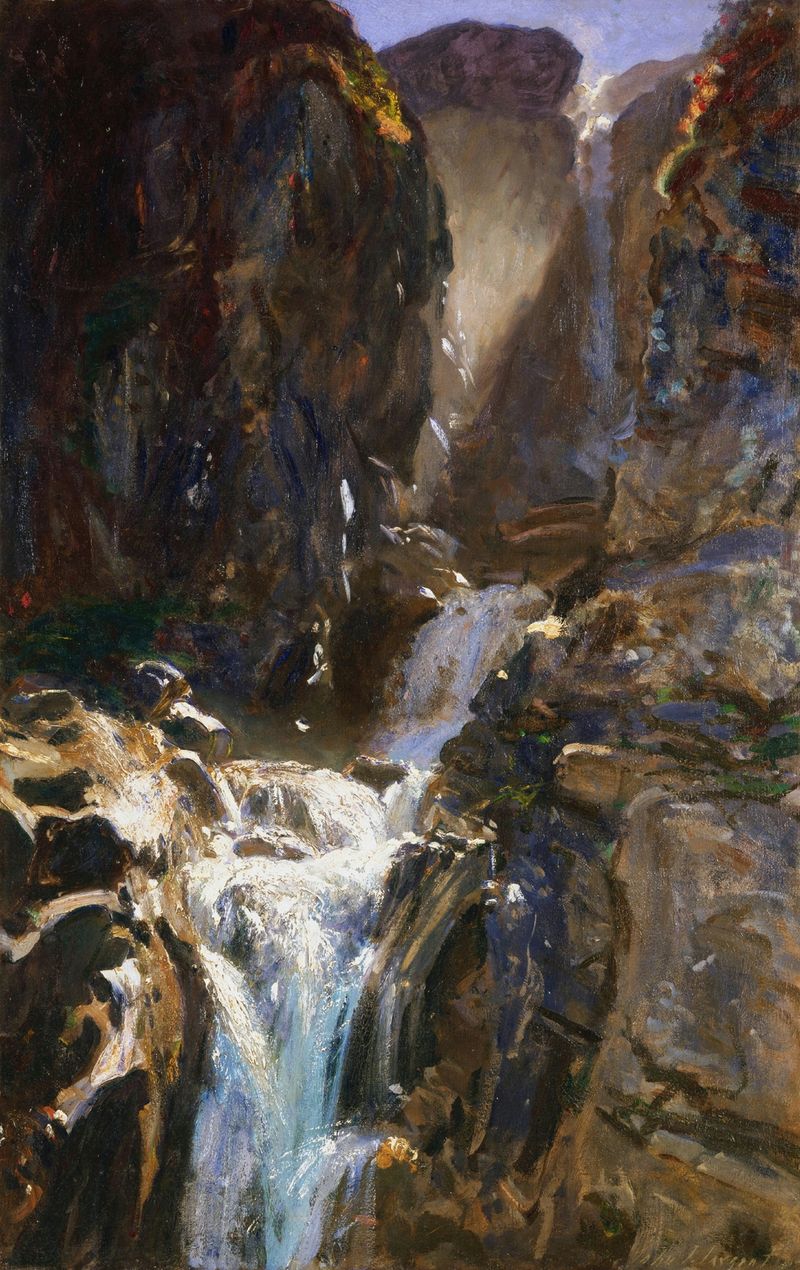 A Waterfall de John Singer Sargent, pintura a óleo que mostra água caindo sobre rochas.