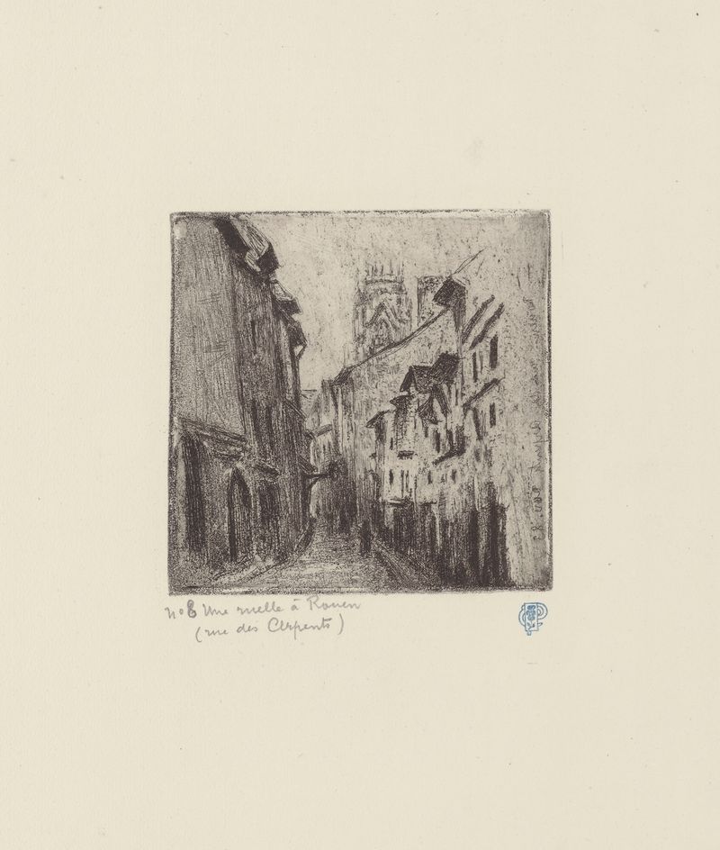 Une ruelle à Rouen de Camille Pissarro, óleo sobre lienzo que representa un callejón sereno con luz sobre los adoquines.