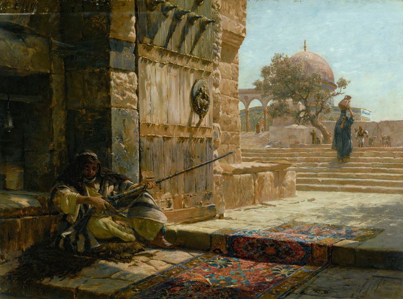 Oil on canvas by Gustav Bauernfeind depicting the Temple Mount entrance at sunset with ornate architecture