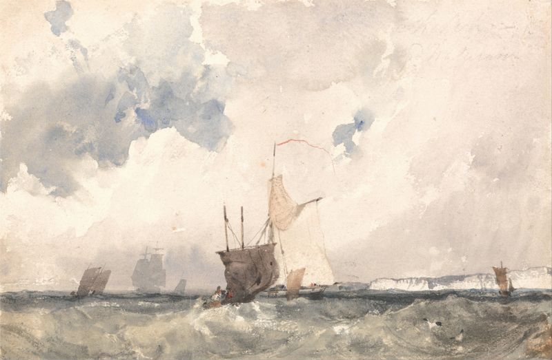 Vessels in a Choppy Sea, óleo sobre lienzo de Richard Parkes Bonington, que representa olas turbulentas y barcos.