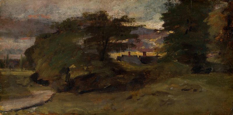 Landscape with Cottages, pintura a óleo de John Constable, apresentando cottages em um prado exuberante.