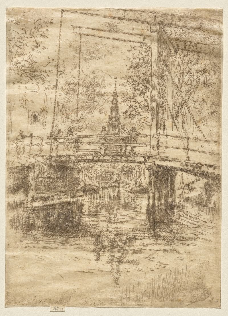 Little Drawbridge, Amsterdam de James Abbott McNeill Whistler, óleo que representa un paisaje sereno con un puente.