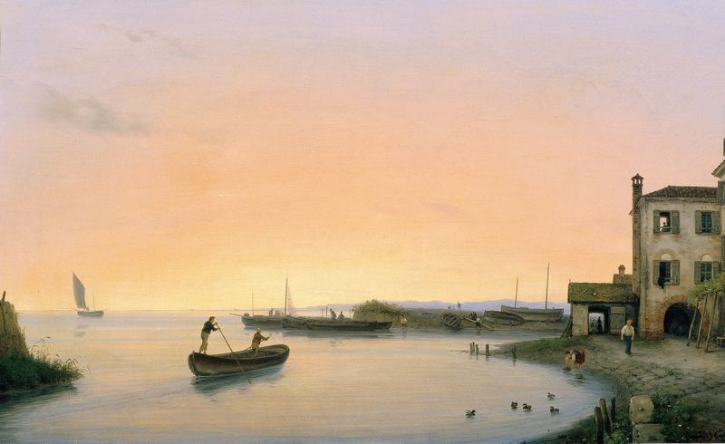 Chioggia vor Sonnenaufgang de Giuseppe Canella, pintura a óleo que retrata uma paisagem ao amanhecer.