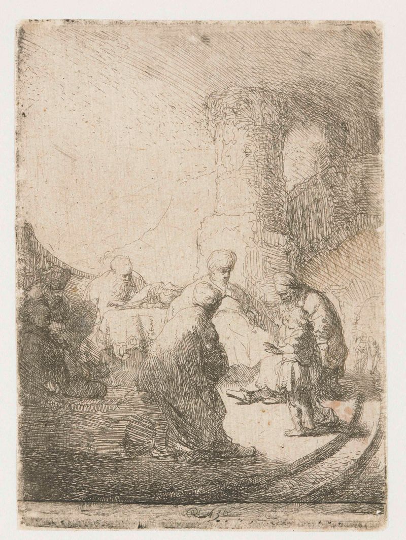 Gravura de Rembrandt van Rijn mostrando o jovem Cristo cercado por homens mais velhos.
