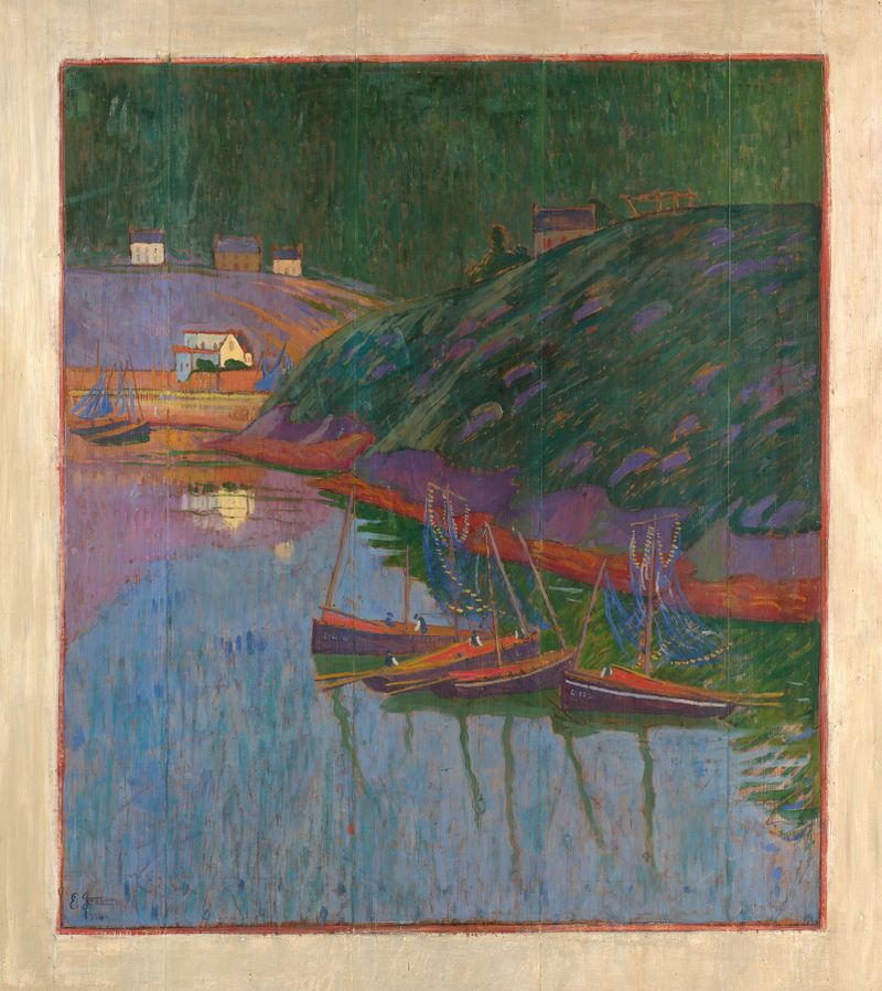 Barcos no Porto de Brigneau de Émile Jourdan, pintura a óleo