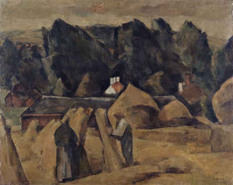 Harvest in Flanders de Ramah, pintura a óleo mostrando campos vibrantes e figuras trabalhando