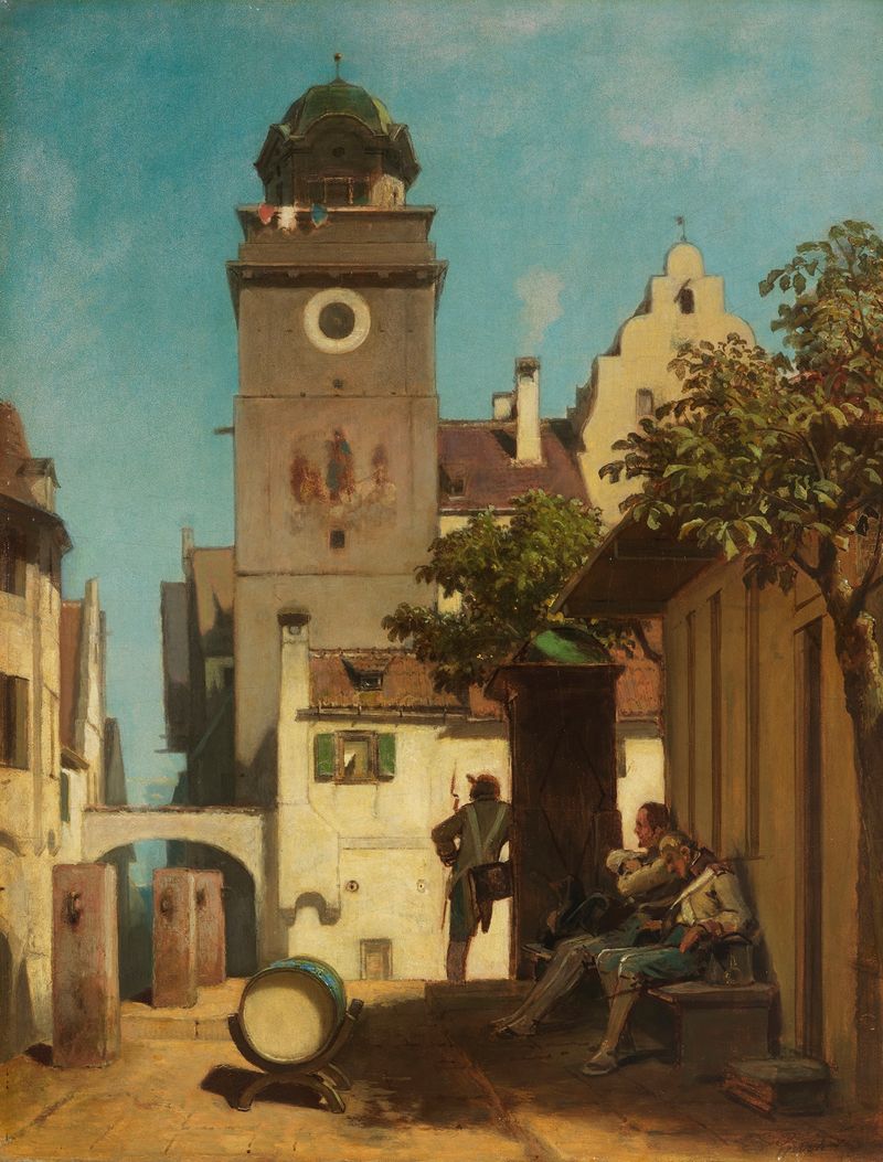 Genre scene of a young watchman in evening light, oil painting by Carl Spitzweg
