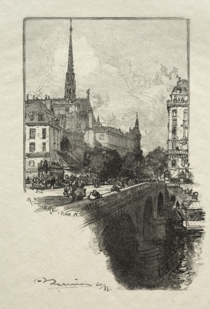 Grabado de Le Pont St. Michel de Auguste Louis Lepère, que muestra un puente sobre un río bajo cielos grises.