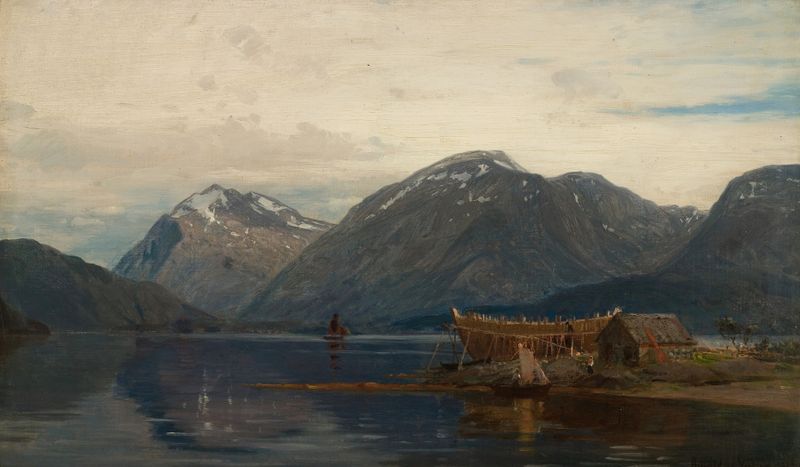 Pintura a óleo de Amaldus Nielsen mostrando montanhas e um horizonte sereno