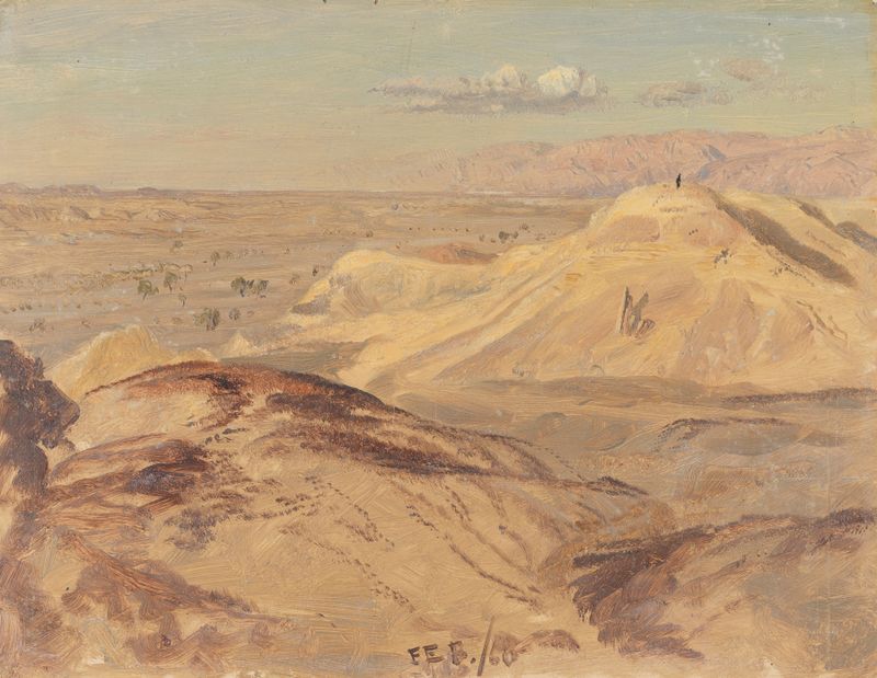 Landscape near Petra, óleo sobre tela de Frederic Edwin Church, apresentando montanhas e luz do sol.