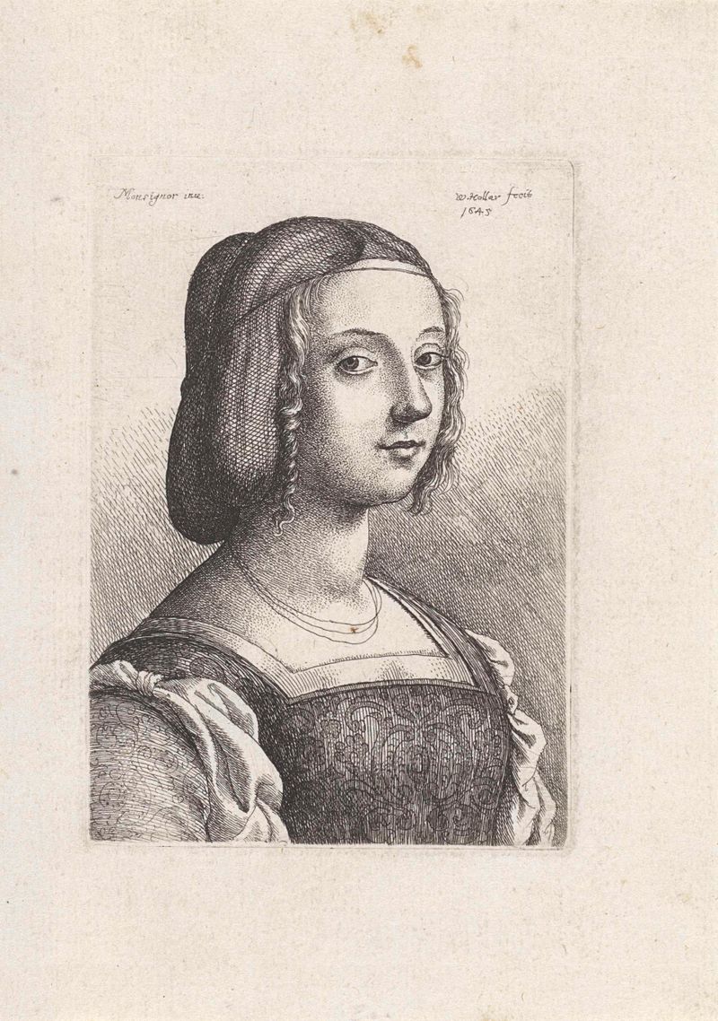 Retrato de una joven con peinado de red, grabado de Wenceslaus Hollar