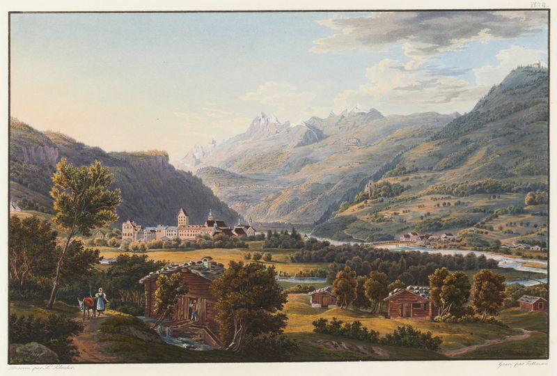 Vue d’Ilanz, première ville sur les bords du Rhin, supérieur por Johann Ludwig Bleuler, pintura a óleo