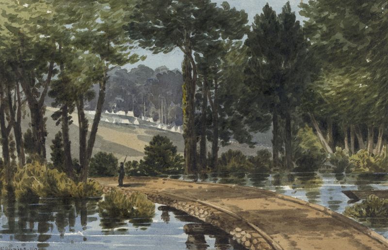 The Chickahominy – Alexanders Bridge, óleo sobre tela de William McIlvaine mostrando uma paisagem serena do rio.