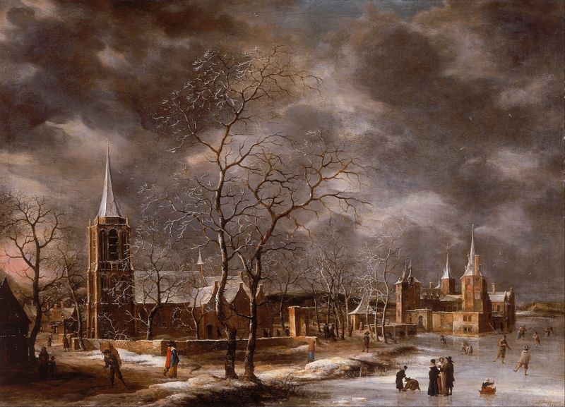 Winter landscape with Warmond Castle, oil painting by Jan Abrahamsz Beerstraaten