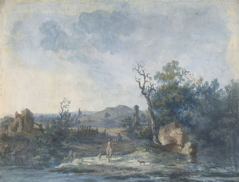 Figures on a country road, oil painting by Louis Gabriel Moreau