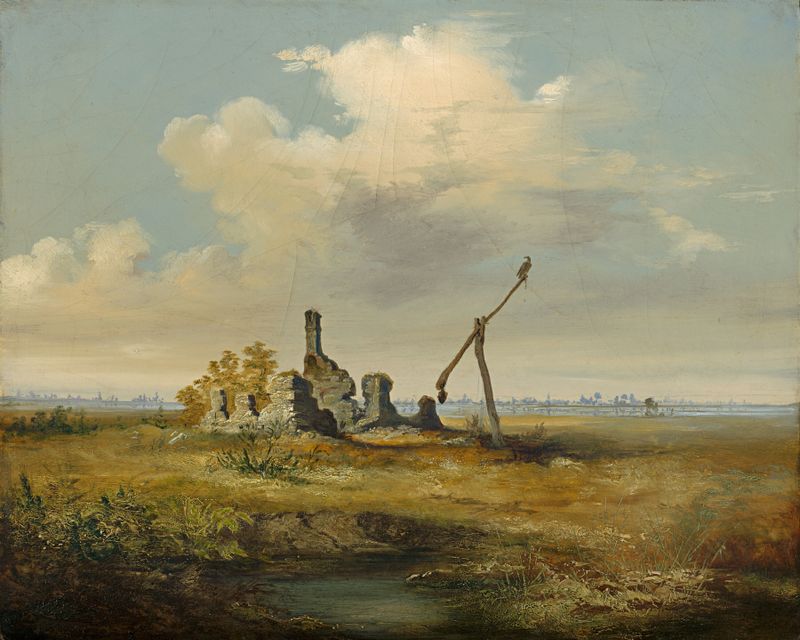 Ruins Of Csárda by Vojtech Klimkovič, oil painting depicting a weathered facade and crumbling stone.