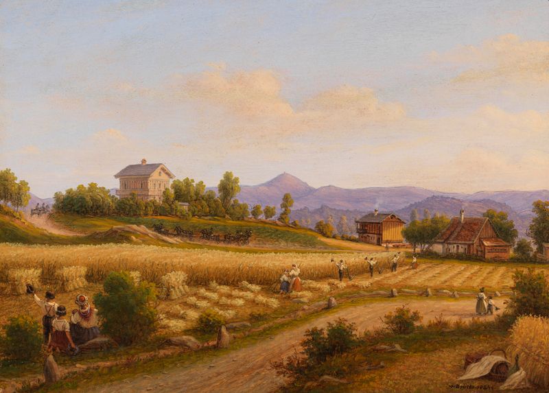 Summer landscape with grain harvest, oil painting by Wilhelm Brücke