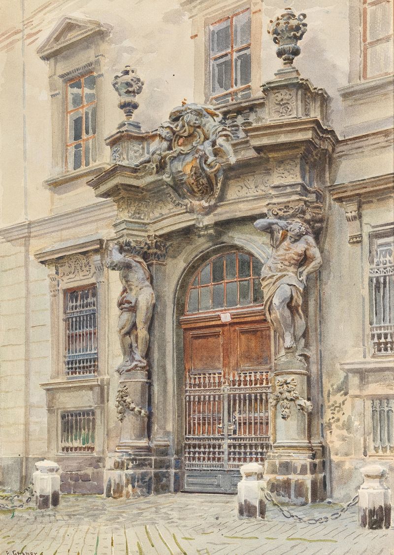 Palais Liechtenstein de Ernst Graner, pintura a óleo que retrata um palácio com cores vibrantes e sombras.