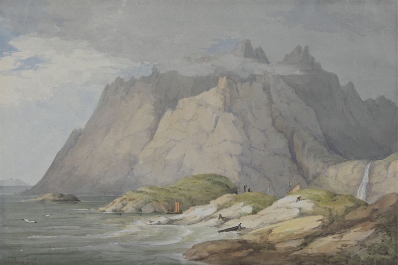 Loch Scavaig, Isle of Skye by William Daniell, oil painting depicting rugged cliffs and tranquil waters.