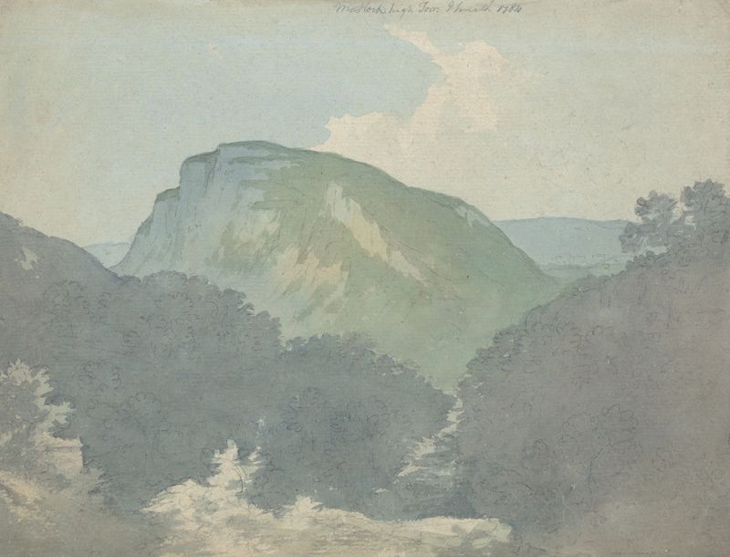 Landscape depicting cliffs and a river at twilight by John Warwick Smith, oil painting