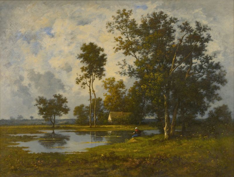 Landscape With A Quiet Pool by Leon Richet, impressionism, depicting a tranquil scene with a reflective pool
