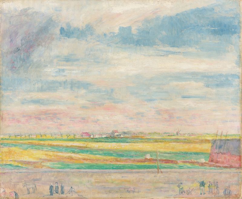 The Haute Barrière de James Ensor, óleo sobre tela mostrando uma paisagem com uma barreira de madeira.