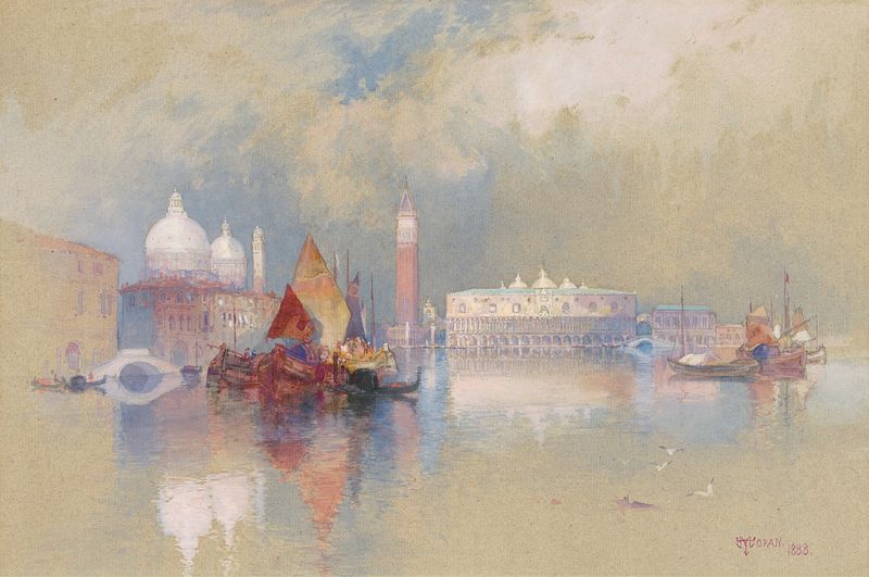 Vista de Veneza por Thomas Moran, óleo sobre tela que retrata uma cena tranquila do canal