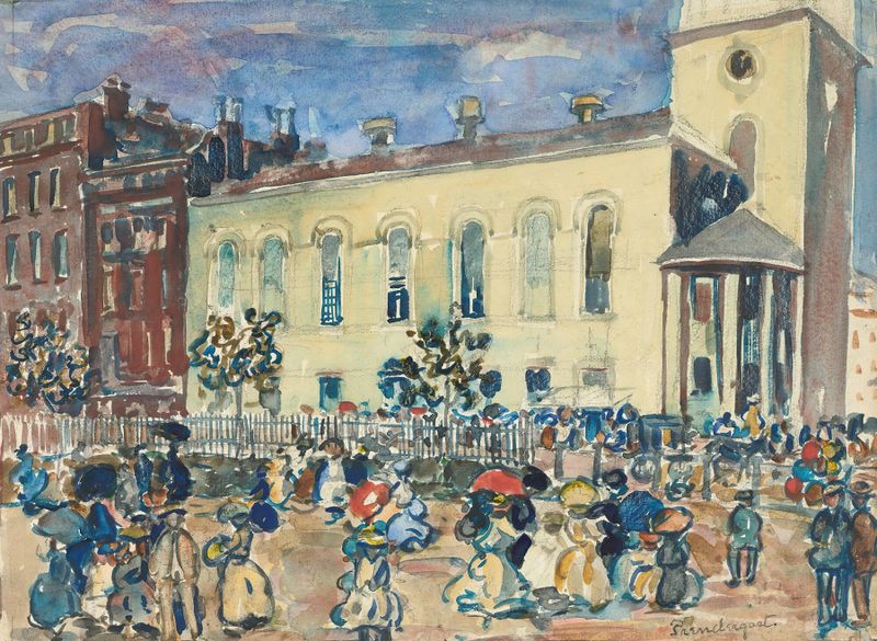 Watercolour by Maurice Prendergast depicting Park Street Church surrounded by flowers and garden.