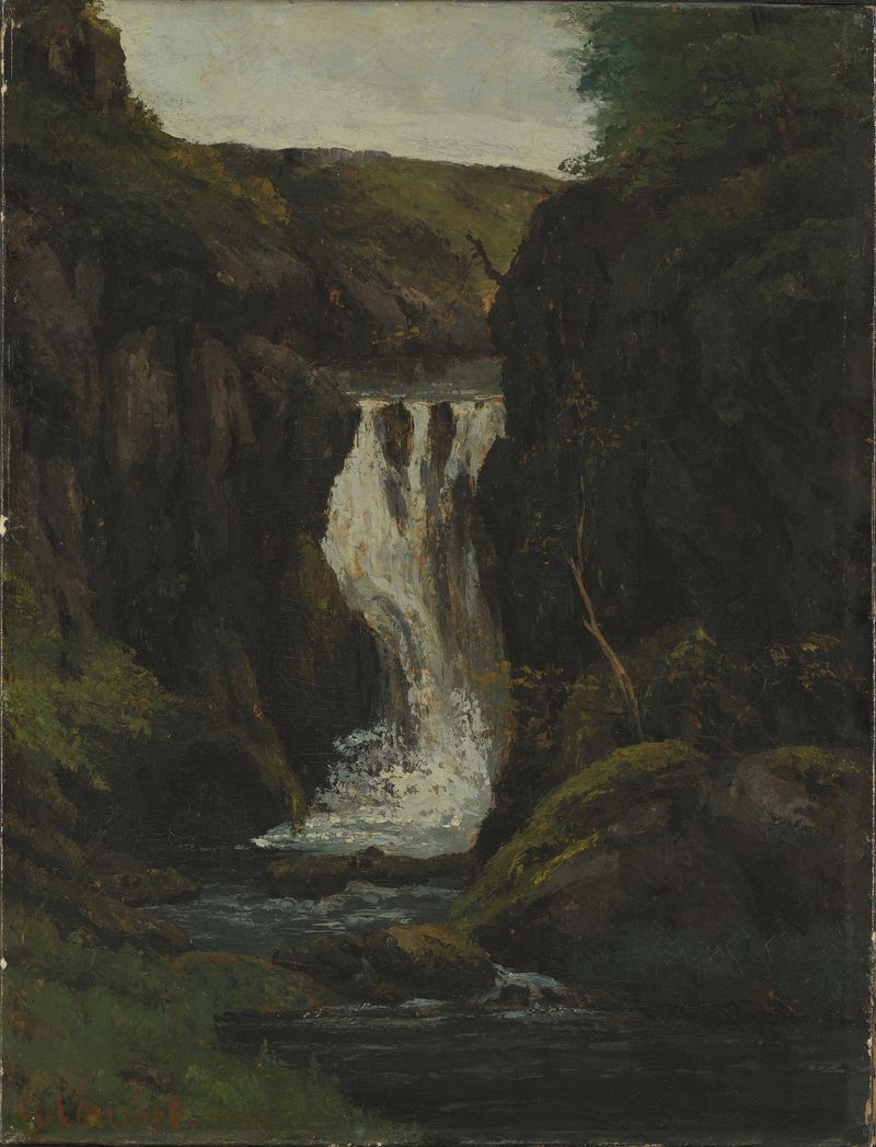 The Cascade by Gustave Courbet, realism, depicting a waterfall and lush nature.