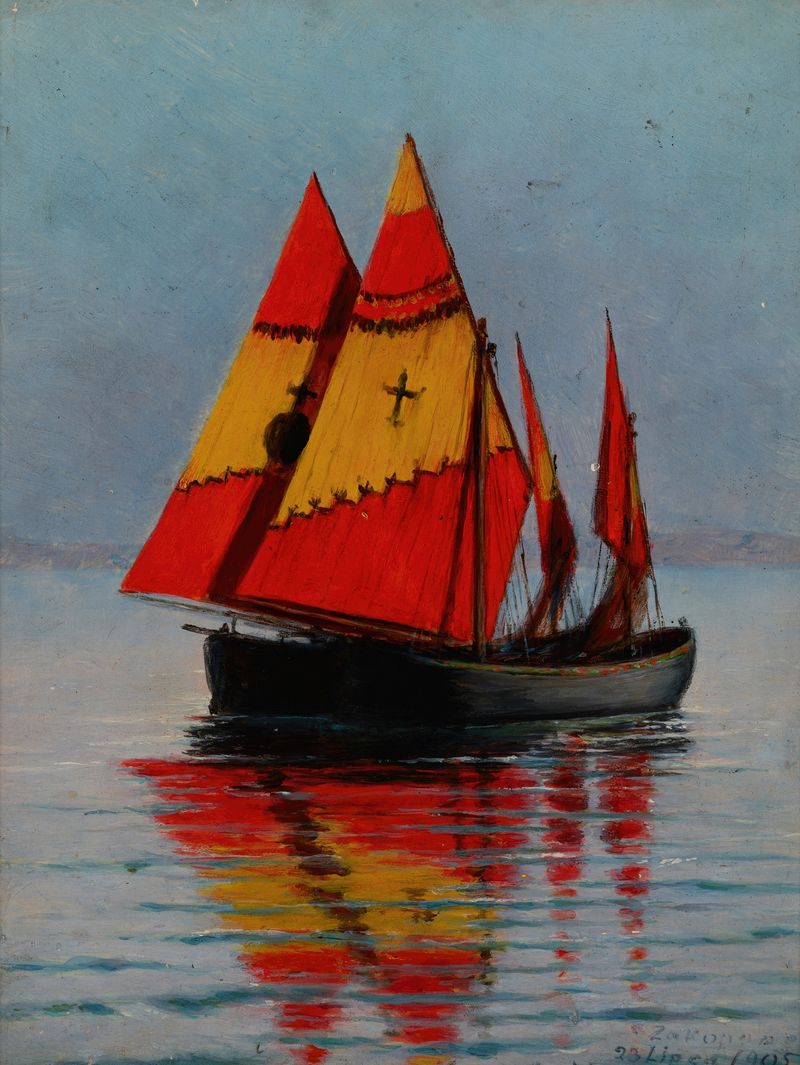 Oil painting of sailboats on the sea by Stanisław Witkiewicz