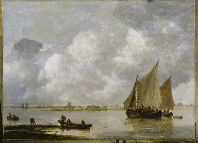 Haarlem Sea by Jan van Goyen, oil painting depicting a tranquil marine landscape with soft clouds and light.