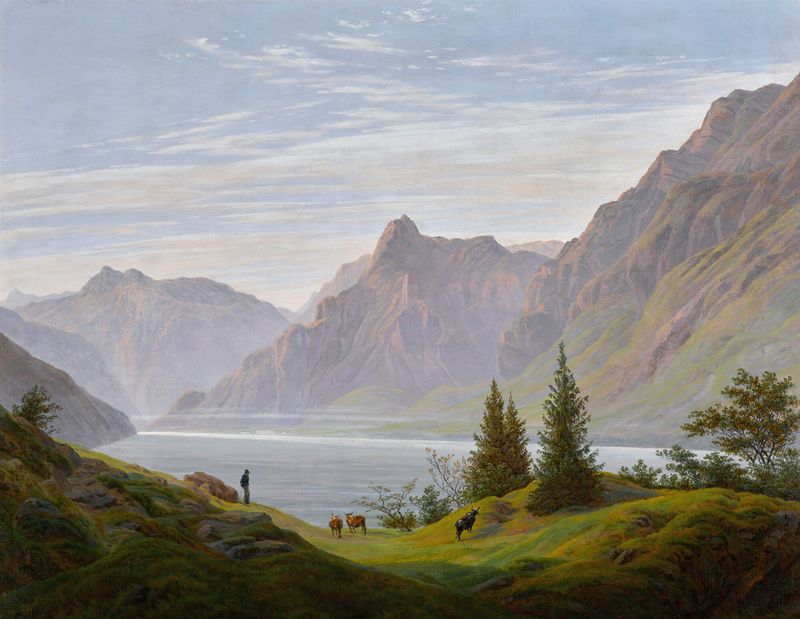 Landschaft mit gebirgsee, morgen, oil painting by Caspar David Friedrich