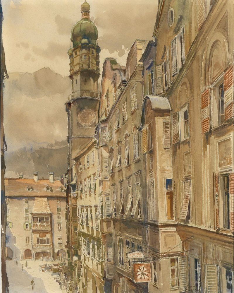 Arquitectura rococó de Das Goldene Dachl en Innsbruck de Franz Poledne, óleo sobre lienzo