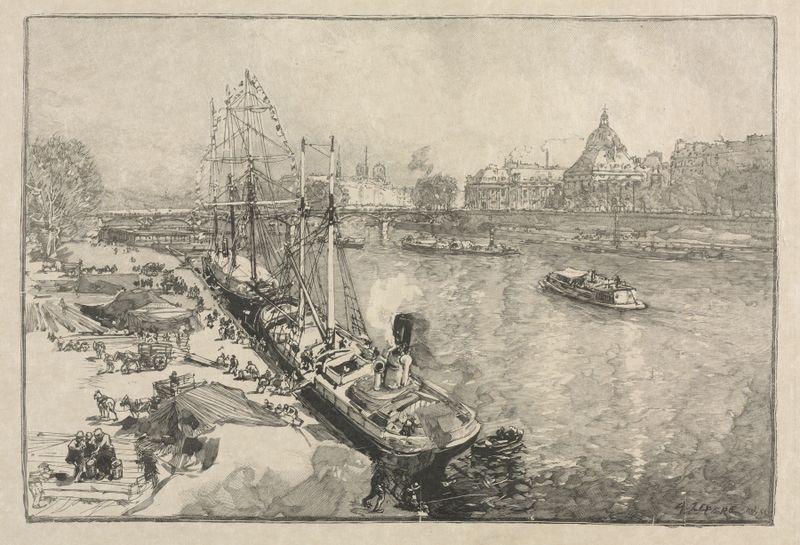 Large Steamer Ship at Dock, Paris by Auguste Louis Lepère, depicts a steamer at dock with light reflecting on water.