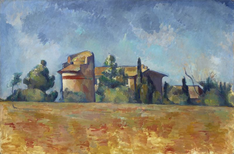 A Casa dos Pombos de Bellevue de Paul Cezanne, óleo sobre tela que retrata uma paisagem rural com uma casa de pombos.