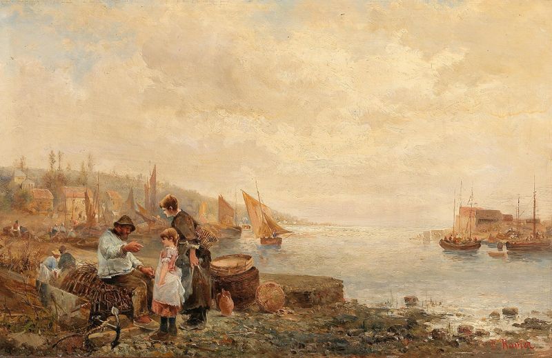 Escena marina con un pescador iluminado por luz dorada, de Emil Barbarini