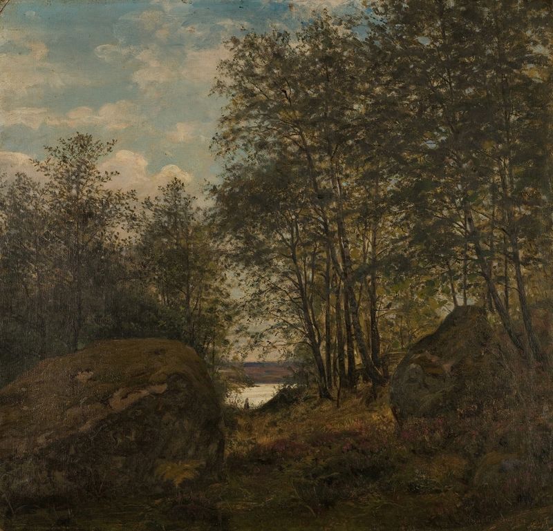 Escena forestal con vegetación vibrante, pintura al óleo de Amaldus Nielsen