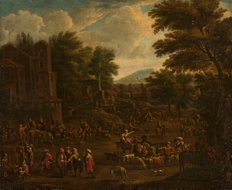 Genre scene depicting a marketplace with merchants and fruits by Peeter van Bredael, oil painting