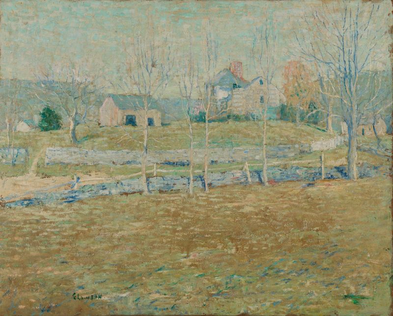 An Abandoned Farm de Ernest Lawson, óleo que representa la decadencia y la naturaleza.
