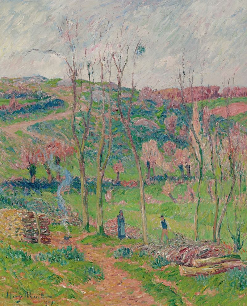 L’hiver En Bretagne by Henry Moret, oil on canvas depicting a winter landscape with snow and blue hues.