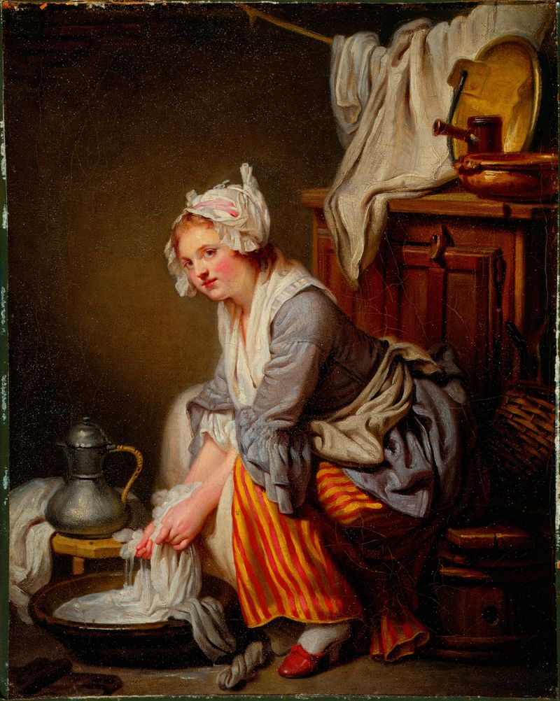 The Laundress by Jean-Baptiste Greuze, oil on canvas showing a woman wringing linen.