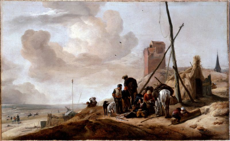 A Coastal Scene de Philips Wouwerman, pintura a óleo que retrata ondas e luz dourada