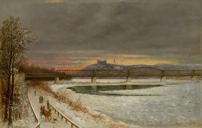 View Of Bratislava, oil on canvas by Eduard Majsch, depicting a cityscape with hills and spires.