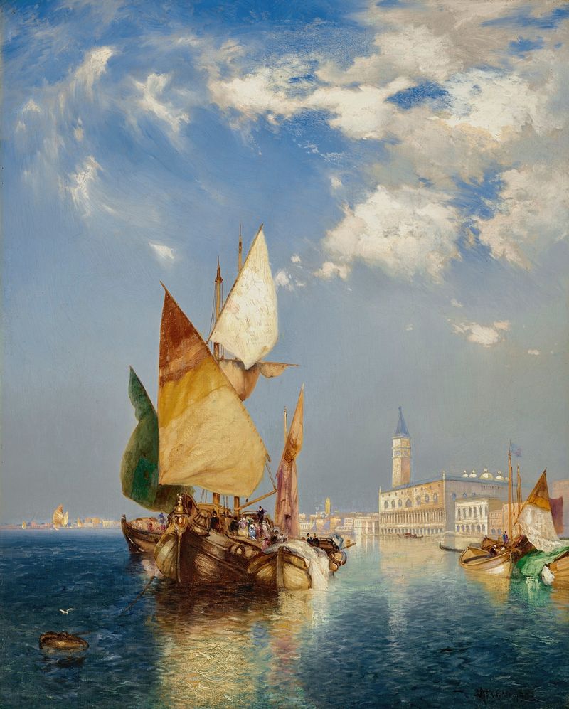 O Grande Canal, Veneza de Thomas Moran, óleo sobre tela representando um palácio veneziano e água.
